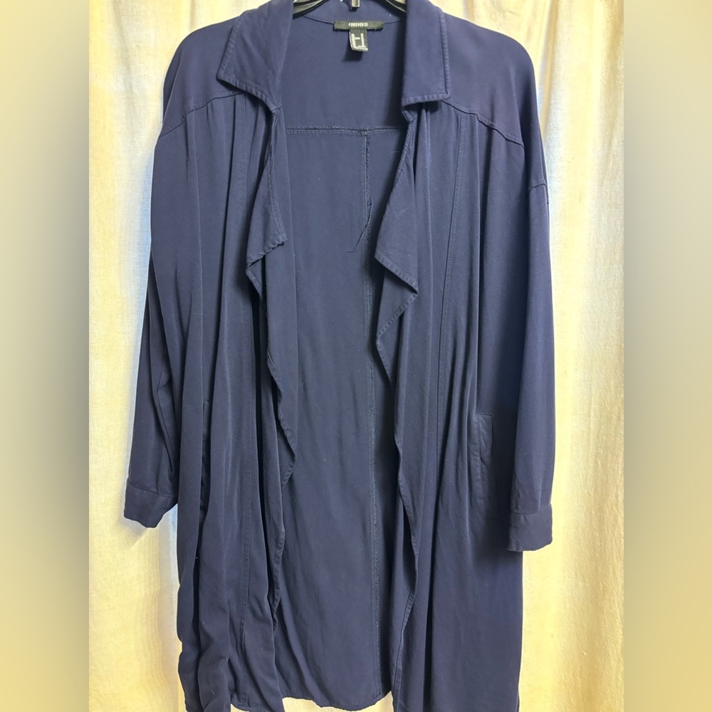 Navy Gauze Draped Open Waterfall Jacket:Gently used
